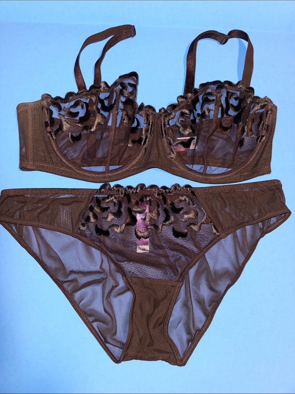 Adore Me Brown Floral Mesh Bra & Panty Set